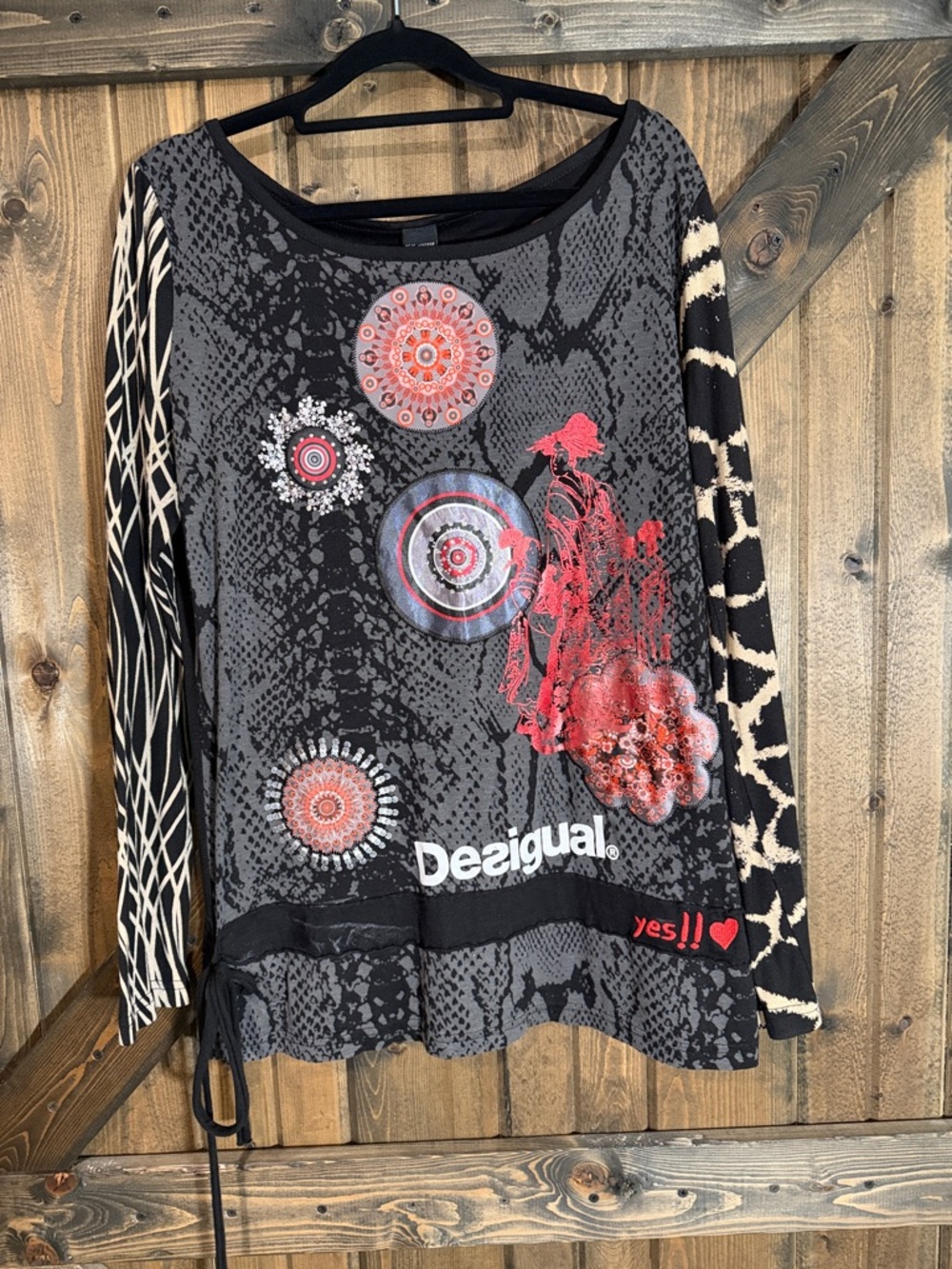 Desigual Black Gray Snakeskin-Print Long Sleeve Top with Red Accents